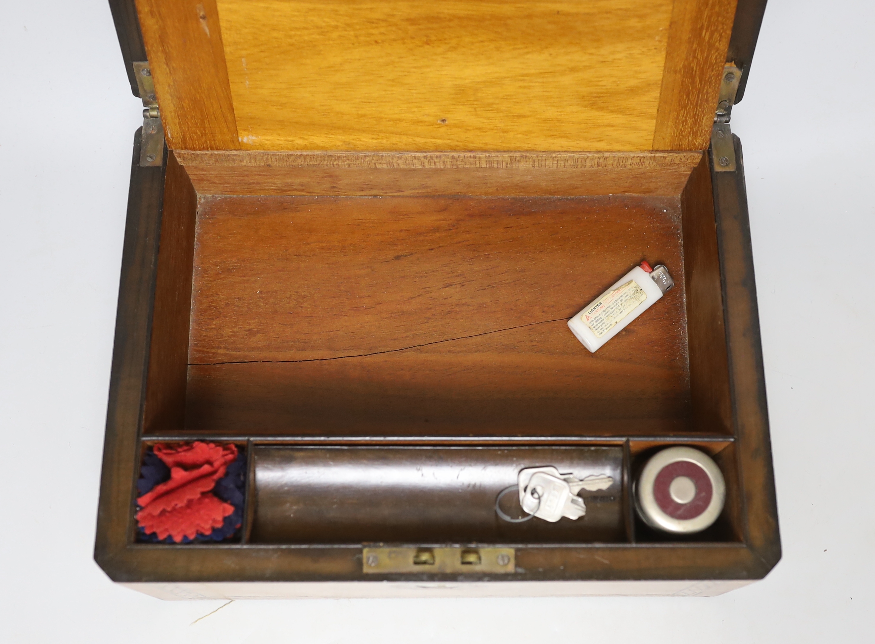 A Victorian walnut and parquetry writing slope, 30 cm wide x 23cm deep